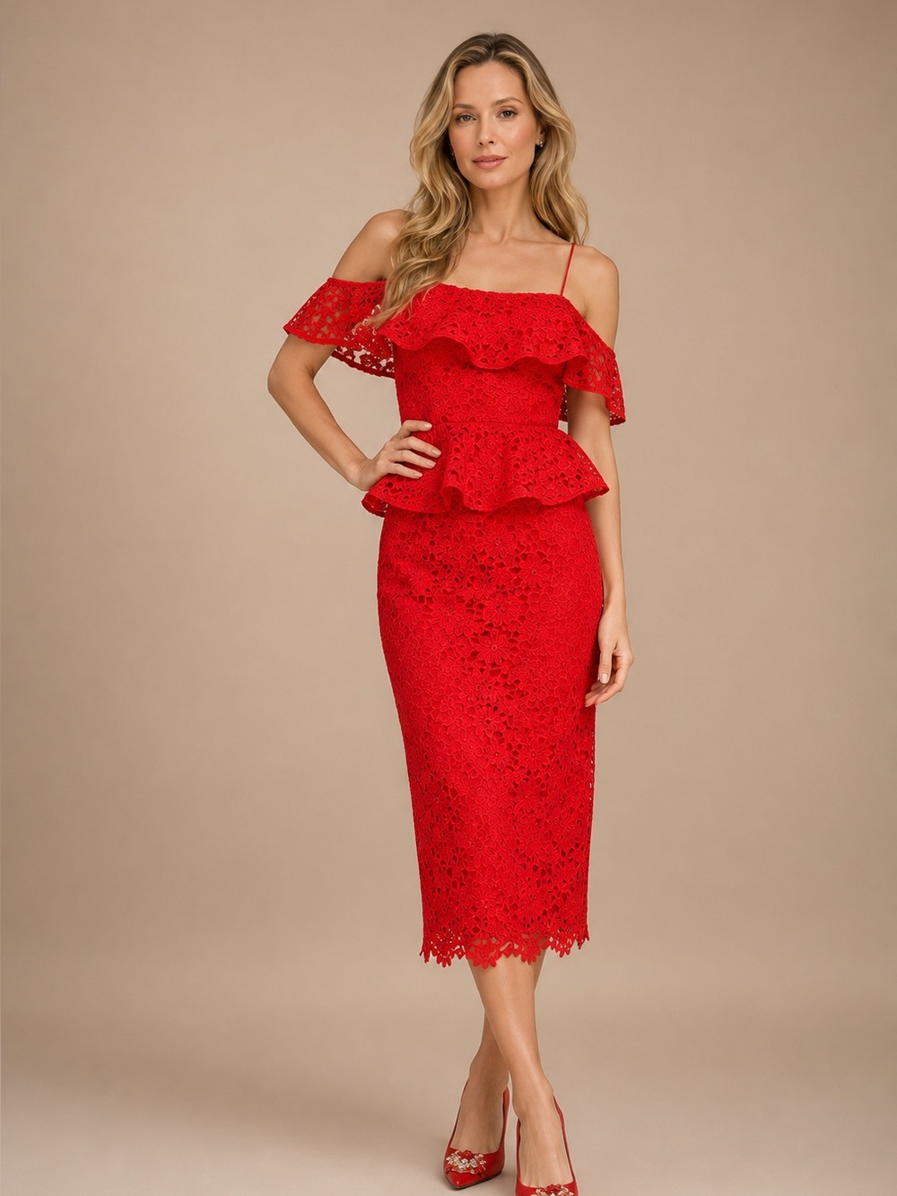 Muse by Marchesa Amaryllis Lace Off-The-ShoulderMidi Dress Sz 12 NWT Feminine